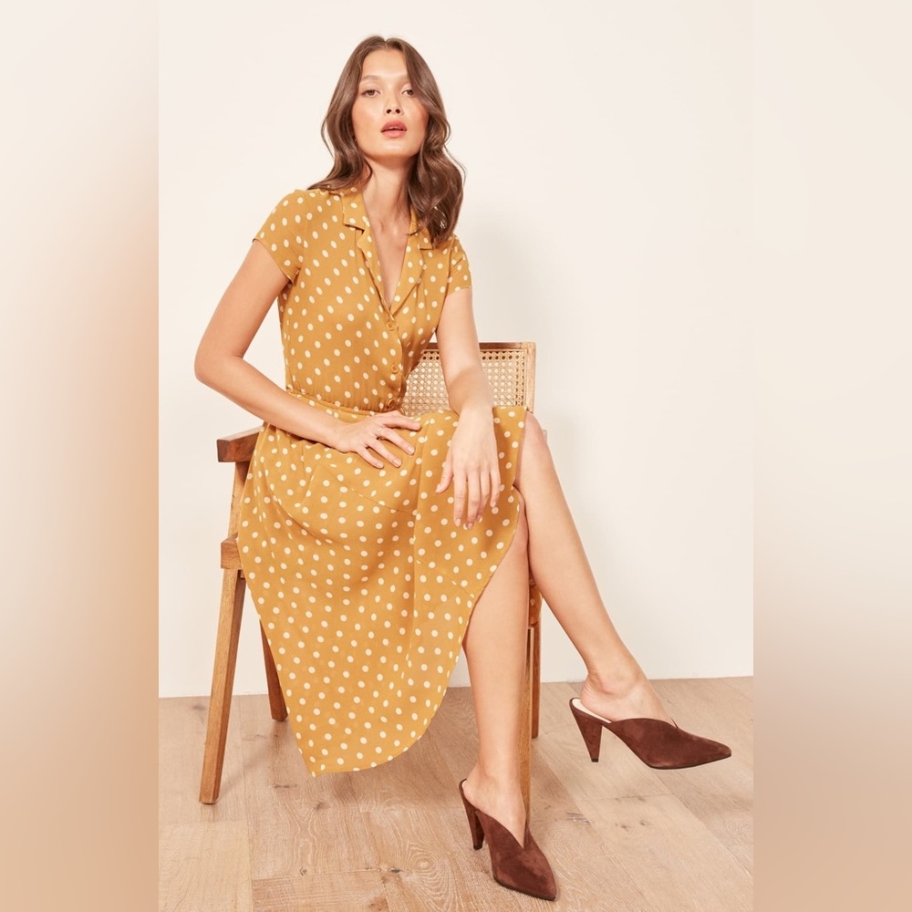 Reformation size 0, midi dress yellow with white polkadots
